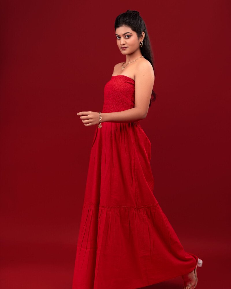 Scarlet Sunset Strapless Midi Dress